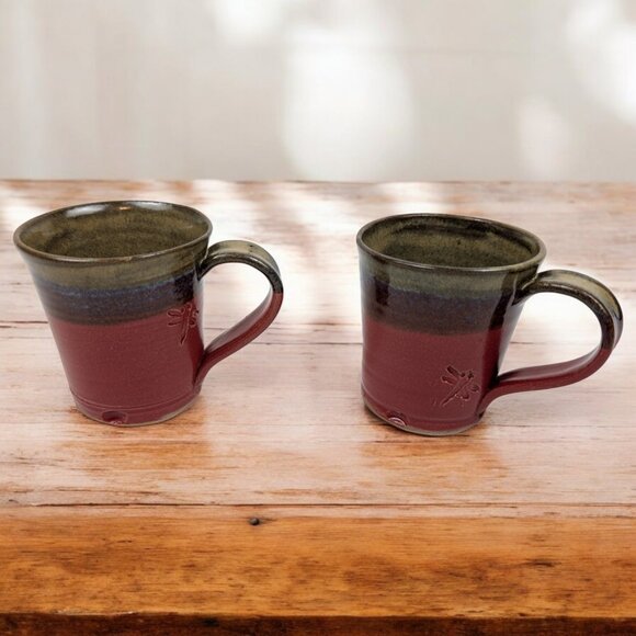 Handmade Dragonfly Pottery Coffee Mug Tea Cups Set of 2‎ Signed - Picture 1 of 11